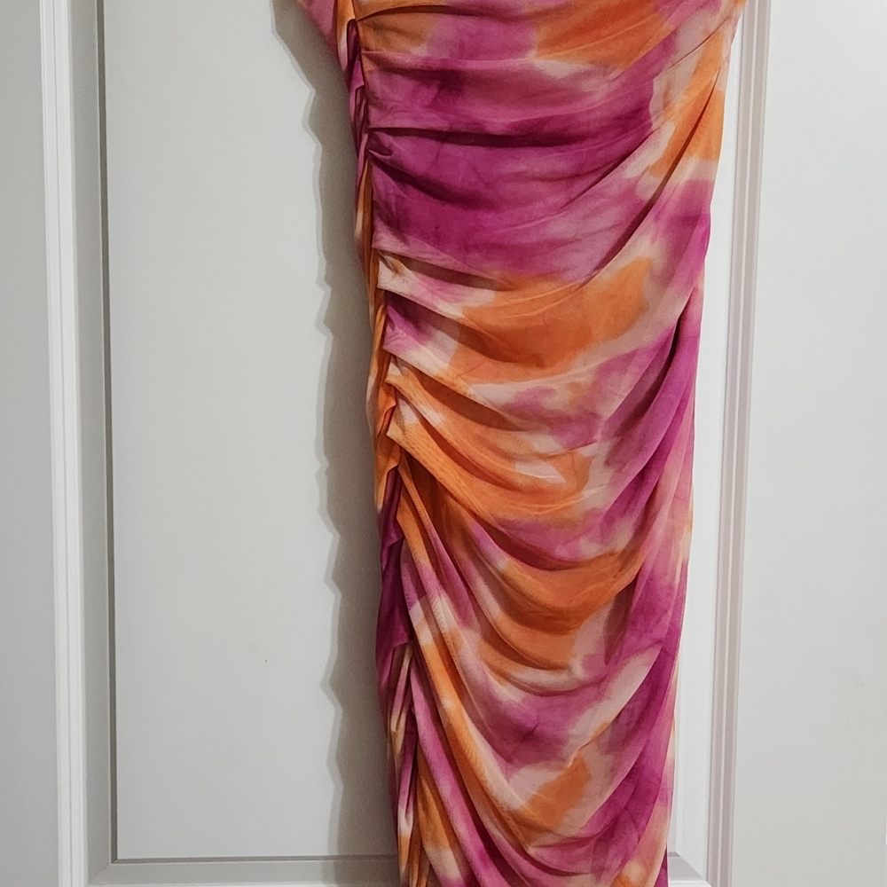 ZARA Tie Dye  Strapless Midi Dress Womens Small Pink Orange Tulle - Picture 7 of 11